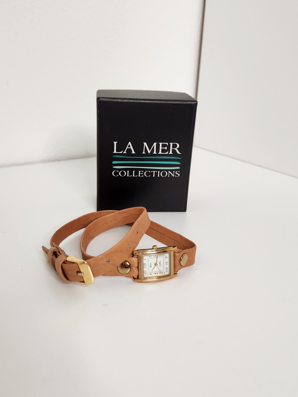 La Mer Gold-Tone Watch with Tan Leather Double Wrap Strap